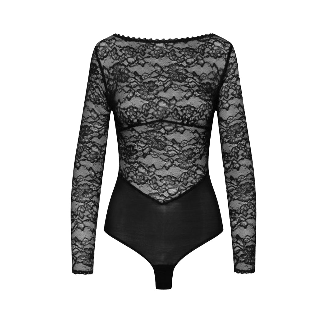 CADOLLE - EMBROIDERED BLACK LACE BODYSUIT 