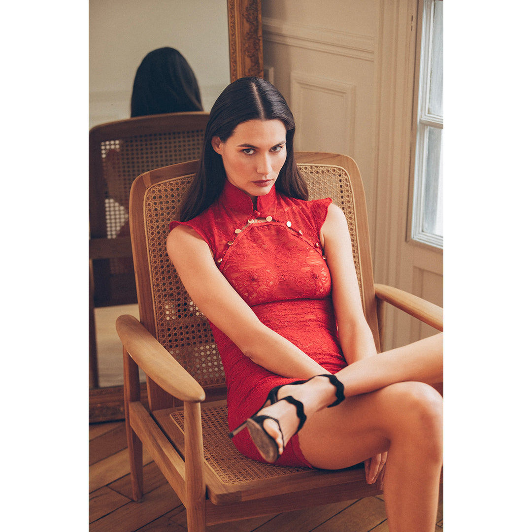 CADOLLE - MELI RED LACE MINI DRESS